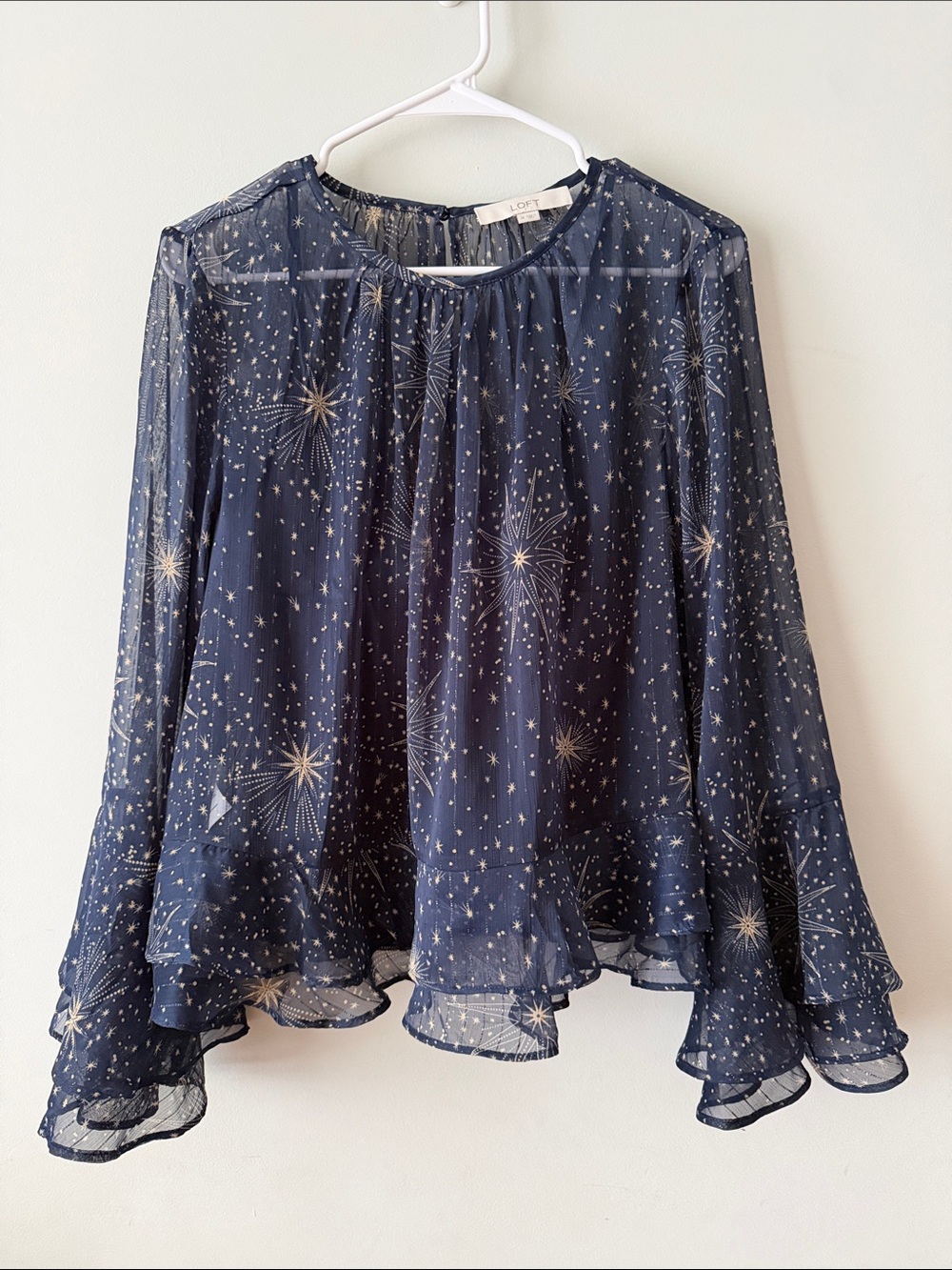 LOFT Navy Starburst Sheer Ruffle Hem Blouse